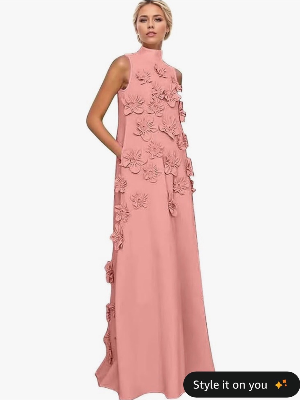 Sleeveless Pink Floral Appliqué Maxi Dress